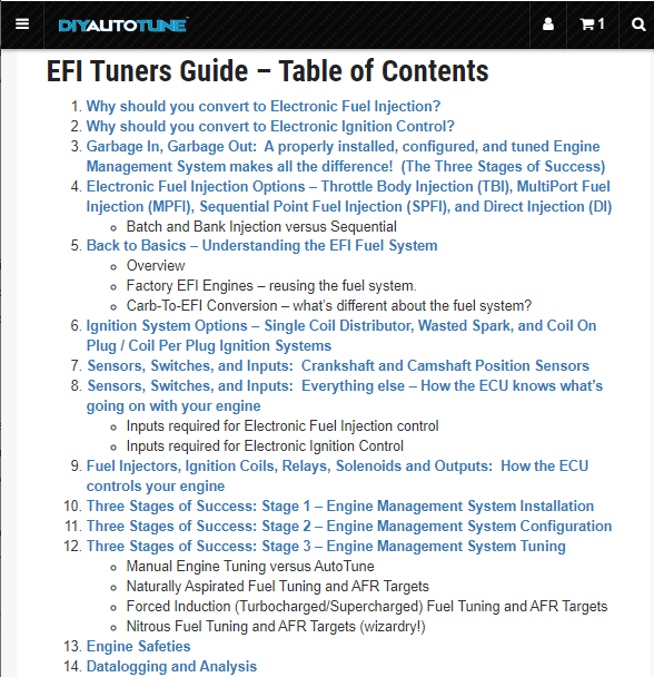 The EFI Tuners Guide (screenshot of Table of Contents) of guide)